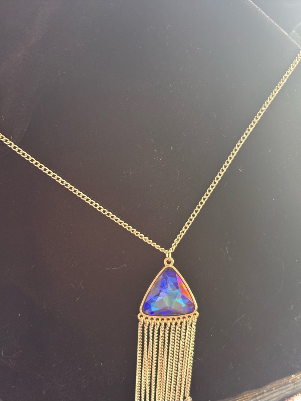 Long Gold Tassel Necklace with Iridescent Blue oil spill Triangle Pendant